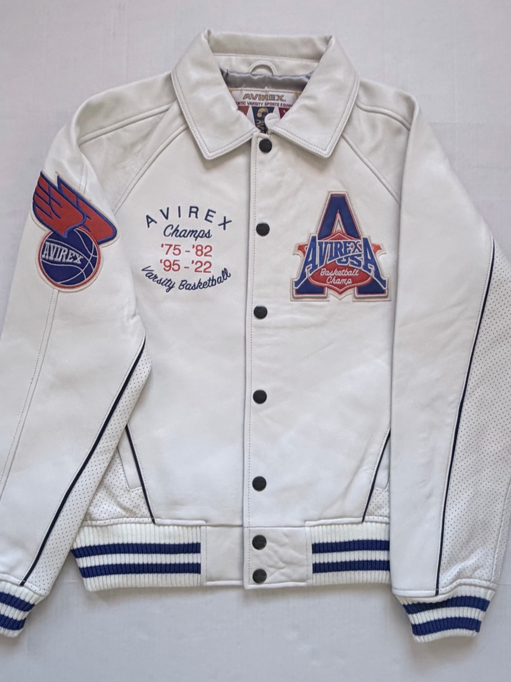 Avirex White Leather Varsity Basketball Jacket with Blue & Orange Patches